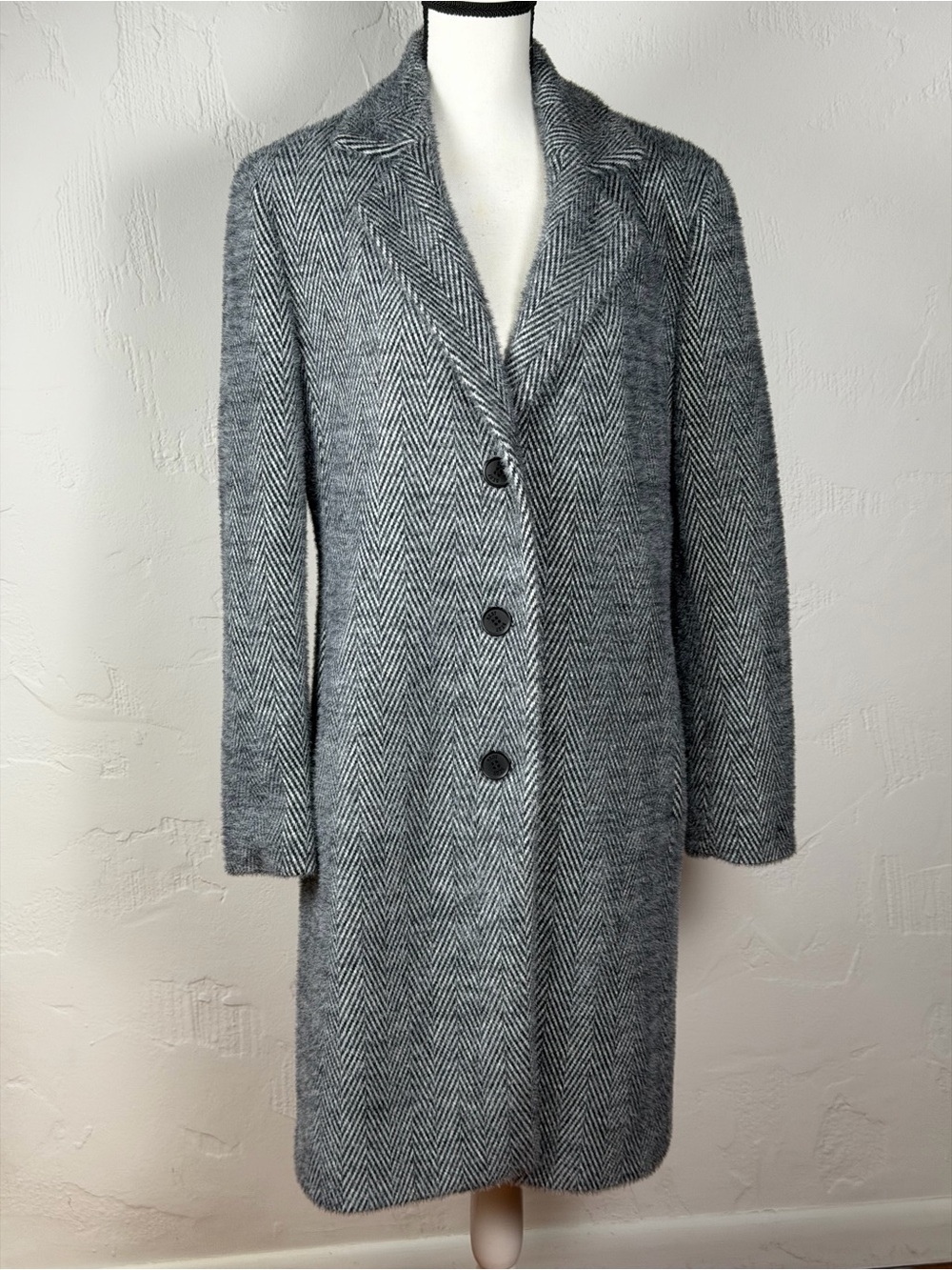 Beautiful Gray Herringbone DKNY Women's Long Coat - Classic Tailored Style M